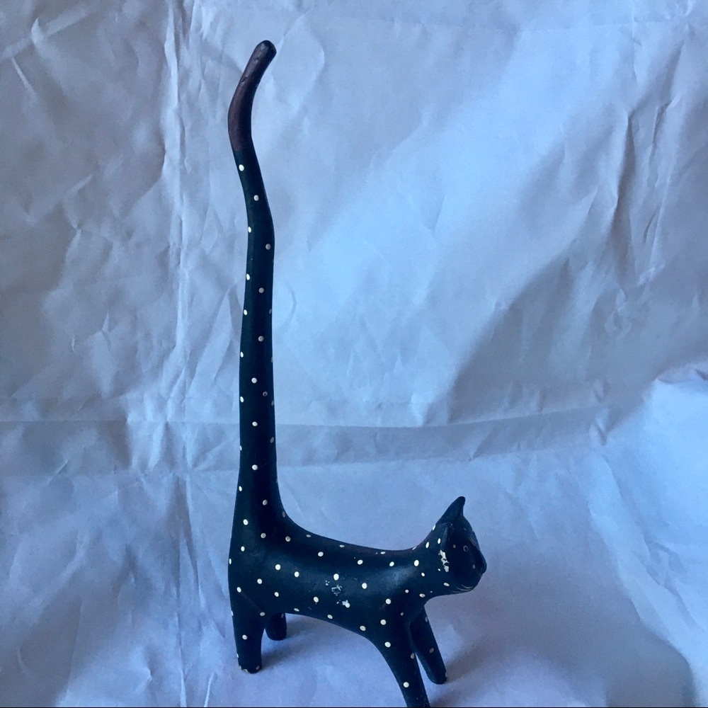 Vtg Folk Ark Wood Carved 12” Cat Ring Holder